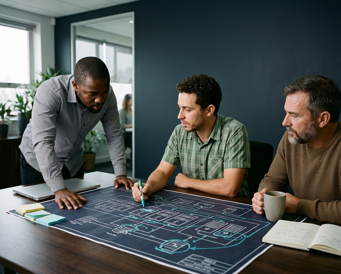 Three engineers around a table reviewing a printed system diagram